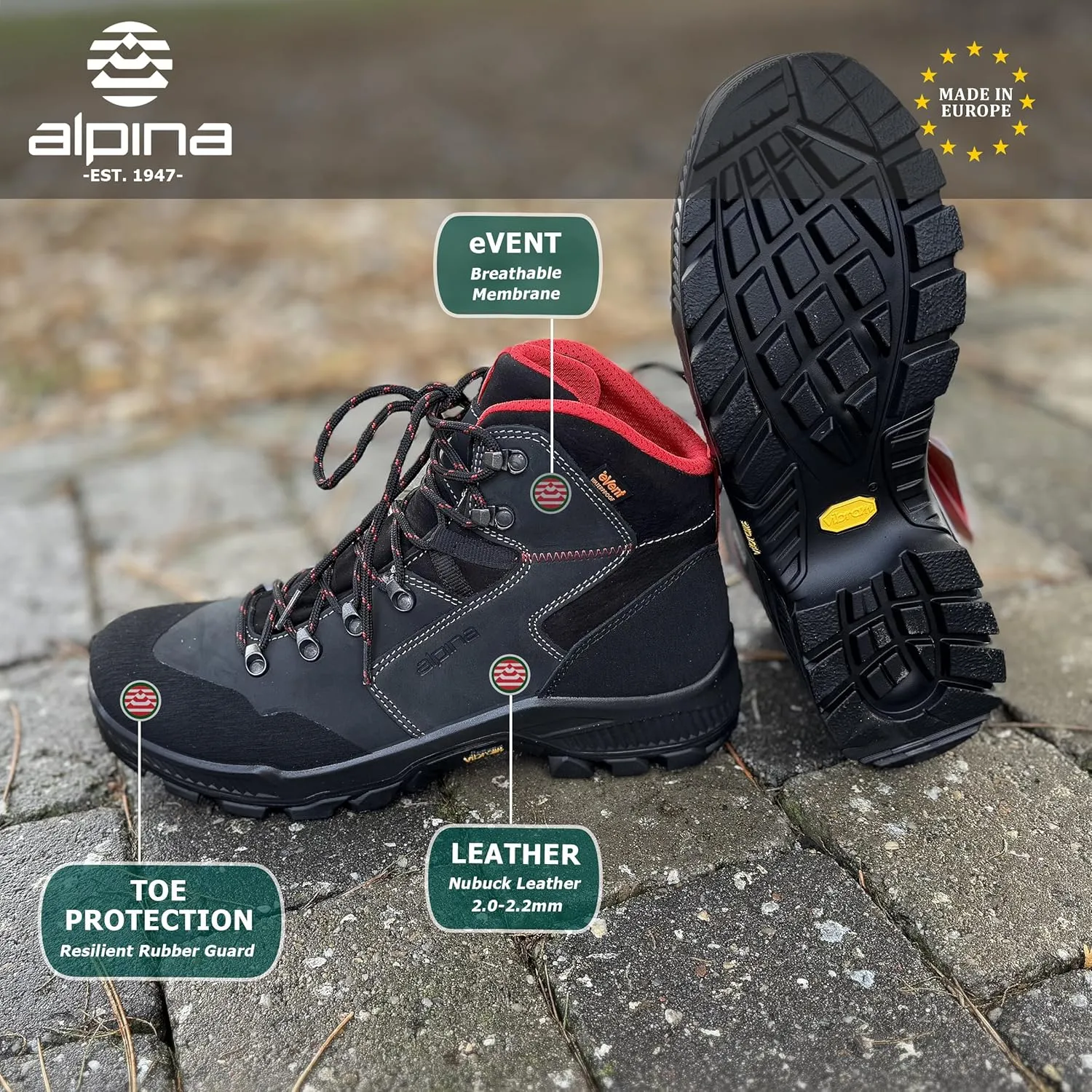 Alpina HELIOS Premium Men's Hiking Work Boots | Waterproof | Full Leather Trekking Shoes | Breathable eVent Membrane | Vibram | Made in Europe