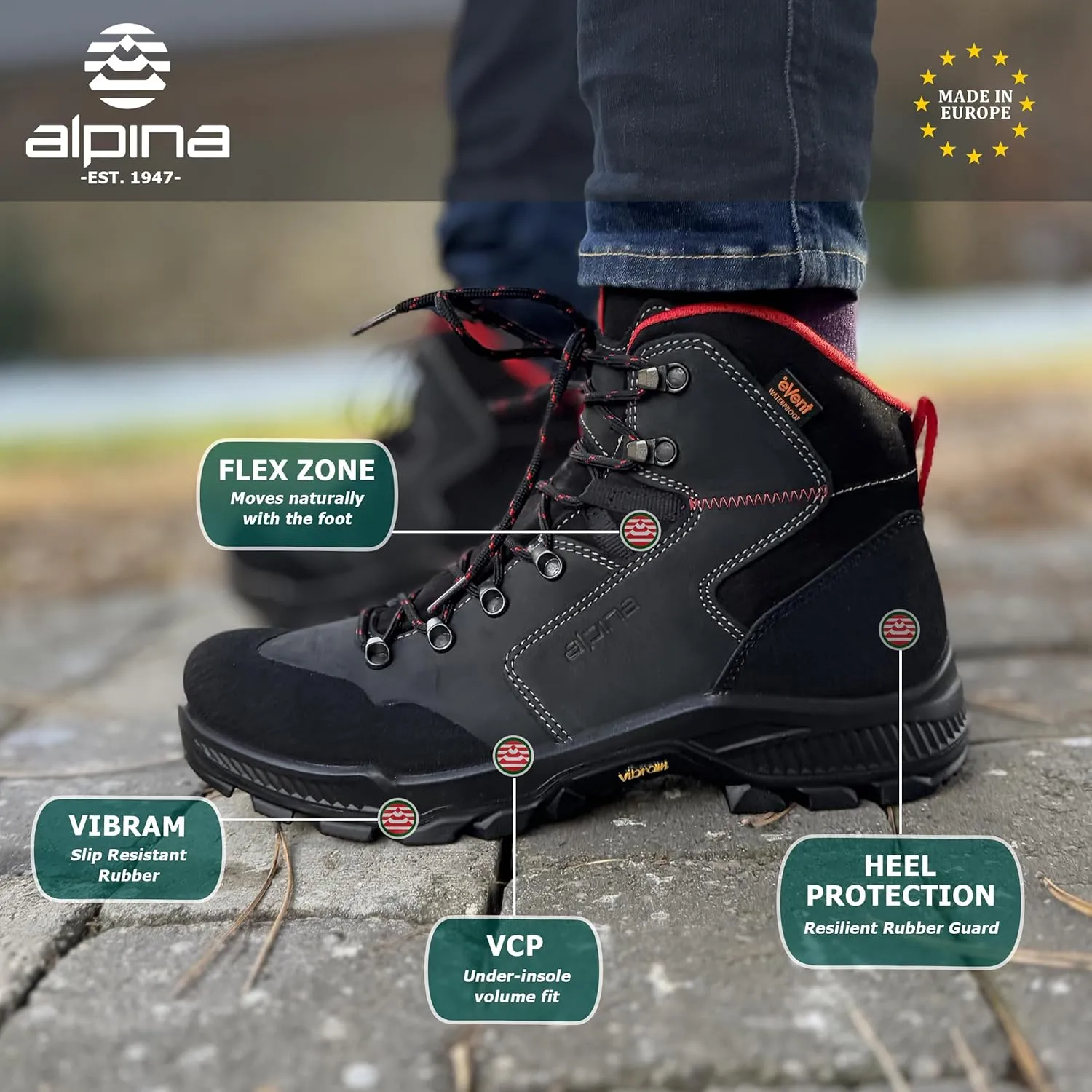 Alpina HELIOS Premium Men's Hiking Work Boots | Waterproof | Full Leather Trekking Shoes | Breathable eVent Membrane | Vibram | Made in Europe