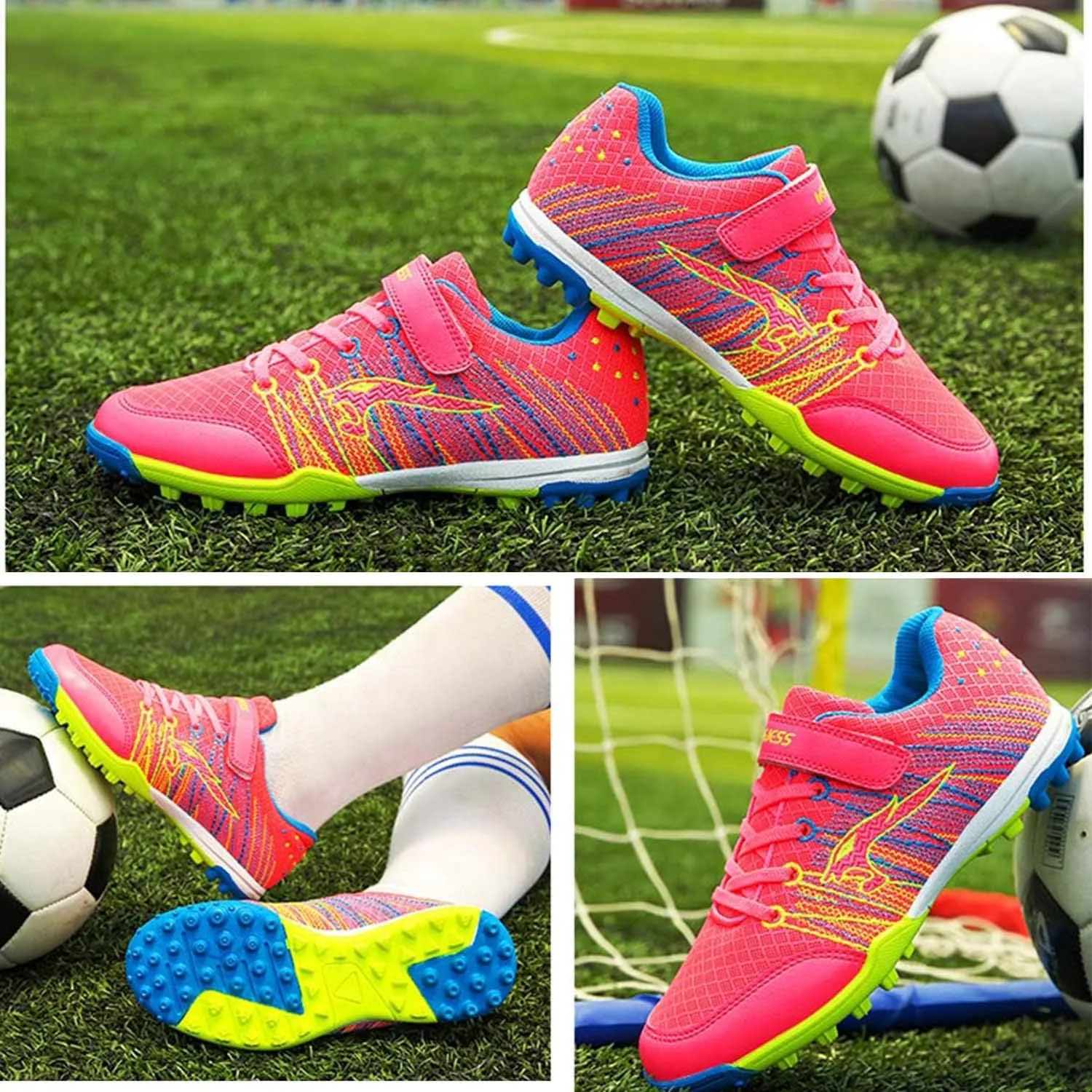 CERYTHRINA Kids Turf Soccer Shoes Boys Girls Athletic Indoor Outdoor Football Cleats Hook and Loop Shoes