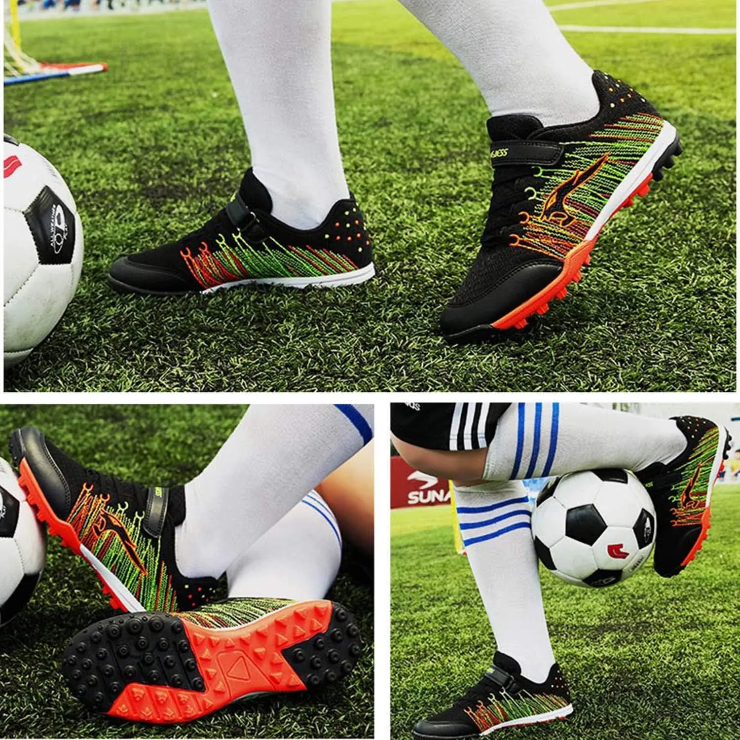 CERYTHRINA Kids Turf Soccer Shoes Boys Girls Athletic Indoor Outdoor Football Cleats Hook and Loop Shoes