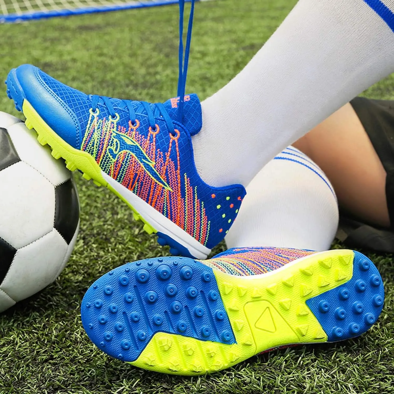CERYTHRINA Kids Turf Soccer Shoes Boys Girls Athletic Indoor Outdoor Football Cleats Hook and Loop Shoes