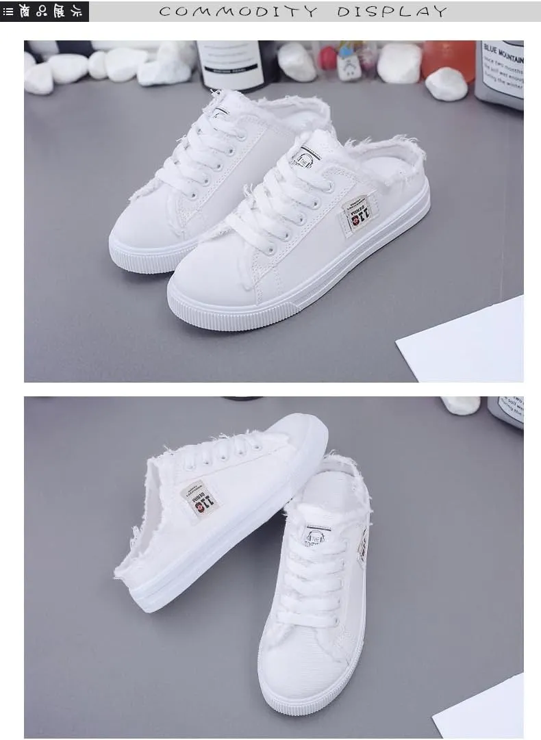Chic Womens Breathable Canvas Mule Sneakers, Round Toe Lace-Up Design Slip-On Shoes, Comfortable Flat Shoes for Casual Wear
