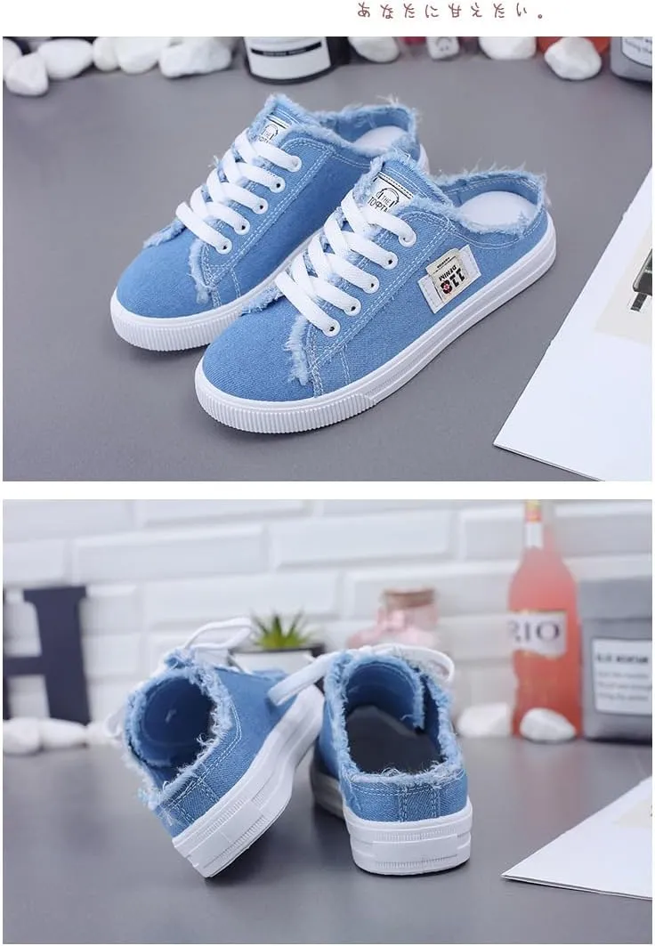 Chic Womens Breathable Canvas Mule Sneakers, Round Toe Lace-Up Design Slip-On Shoes, Comfortable Flat Shoes for Casual Wear