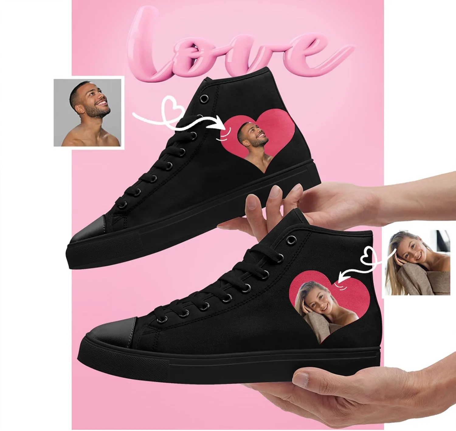 Custom Sneakers for Couples Romantic Gifts for Him Her Black White Personalized Trendy Love Unisex High-Top Canvas Shoes
