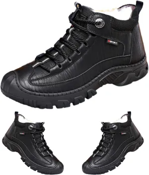 DevilAngel Men's Fleekcomfy Snowy Villi Leather Ankle Boots, Fleece Thick Lace-Up Low Top Snow Boots, Outdoor Non-Slip Hiking Boots. (Black,7)