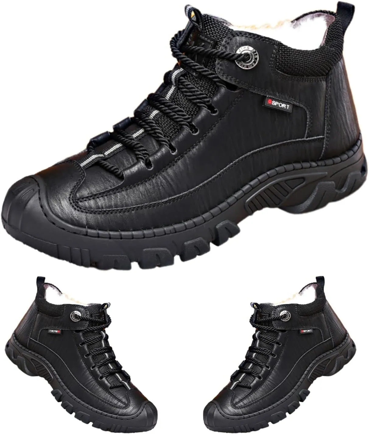 DevilAngel Men's Fleekcomfy Snowy Villi Leather Ankle Boots, Fleece Thick Lace-Up Low Top Snow Boots, Outdoor Non-Slip Hiking Boots. (black,9.5)