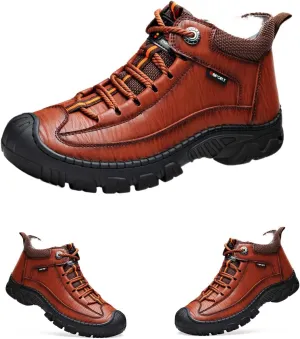 DevilAngel Men's Fleekcomfy Snowy Villi Leather Ankle Boots, Fleece Thick Lace-Up Low Top Snow Boots, Outdoor Non-Slip Hiking Boots. (Brown,8)