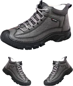 DevilAngel Men's Fleekcomfy Snowy Villi Leather Ankle Boots, Fleece Thick Lace-Up Low Top Snow Boots, Outdoor Non-Slip Hiking Boots. (Grey,6)