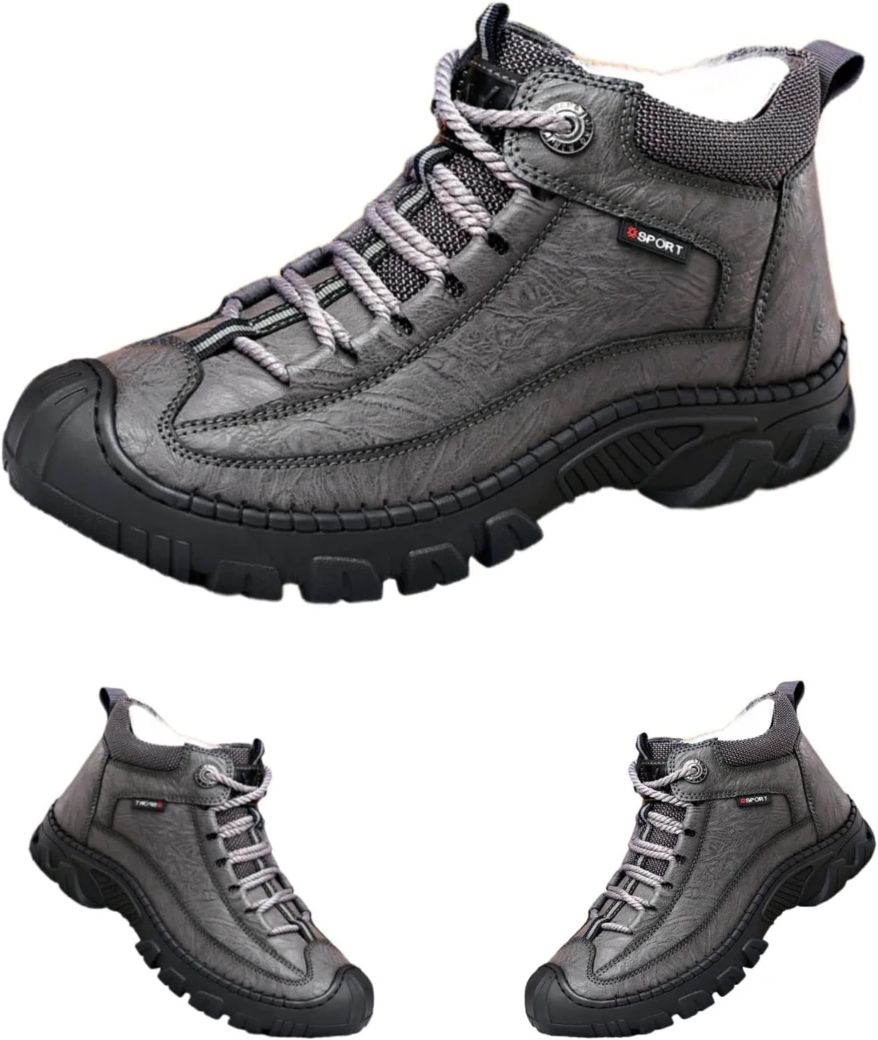 DevilAngel Men's Fleekcomfy Snowy Villi Leather Ankle Boots, Fleece Thick Lace-Up Low Top Snow Boots, Outdoor Non-Slip Hiking Boots. (Grey,9.5)