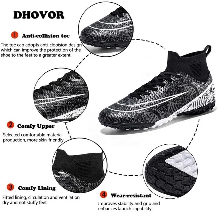 DHOVOR Boys Girls High-Top Soccer Cleats Youth Football Cleats Comfortable Turf Indoor Soccer Shoes for Kids Outdoor/Indoor/Competition/Unisex