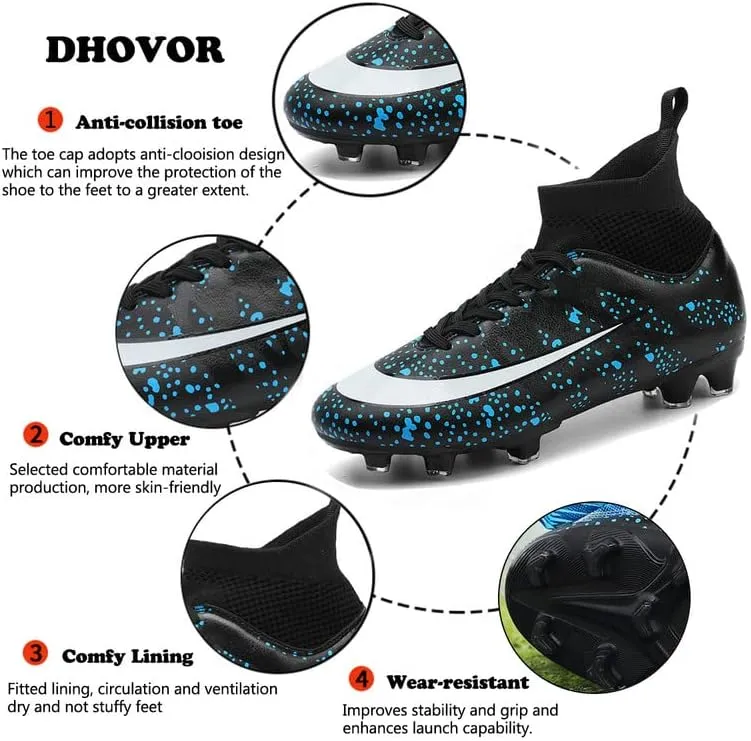 DHOVOR Boys Girls High-Top Soccer Cleats Youth Football Cleats Lightweight Indoor Soccer Shoes for Kids Indoor/Outdoor/Competition/Unisex