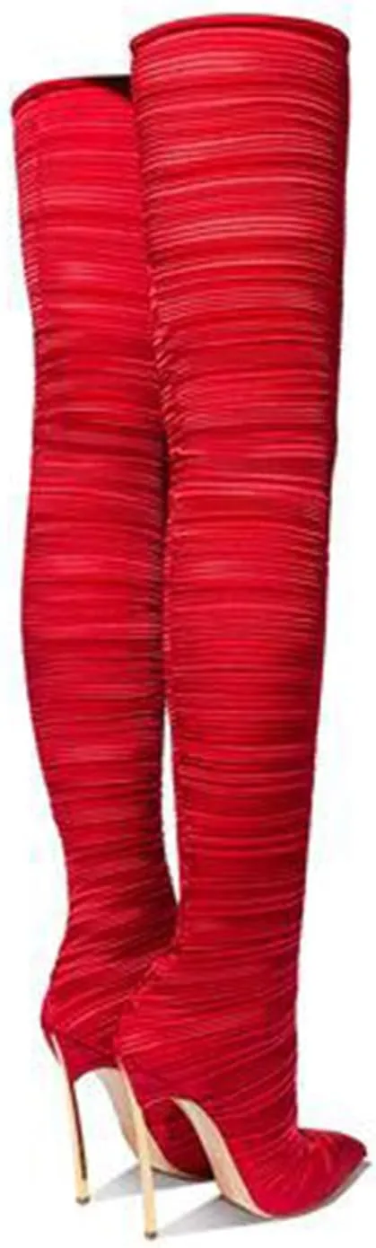 Fashion Large Size Women's Over The Knee Boots, Sexy Red Extreme High Heel Tall Elastic Boots for Party, Banquet and Catwalk,10.5,Red