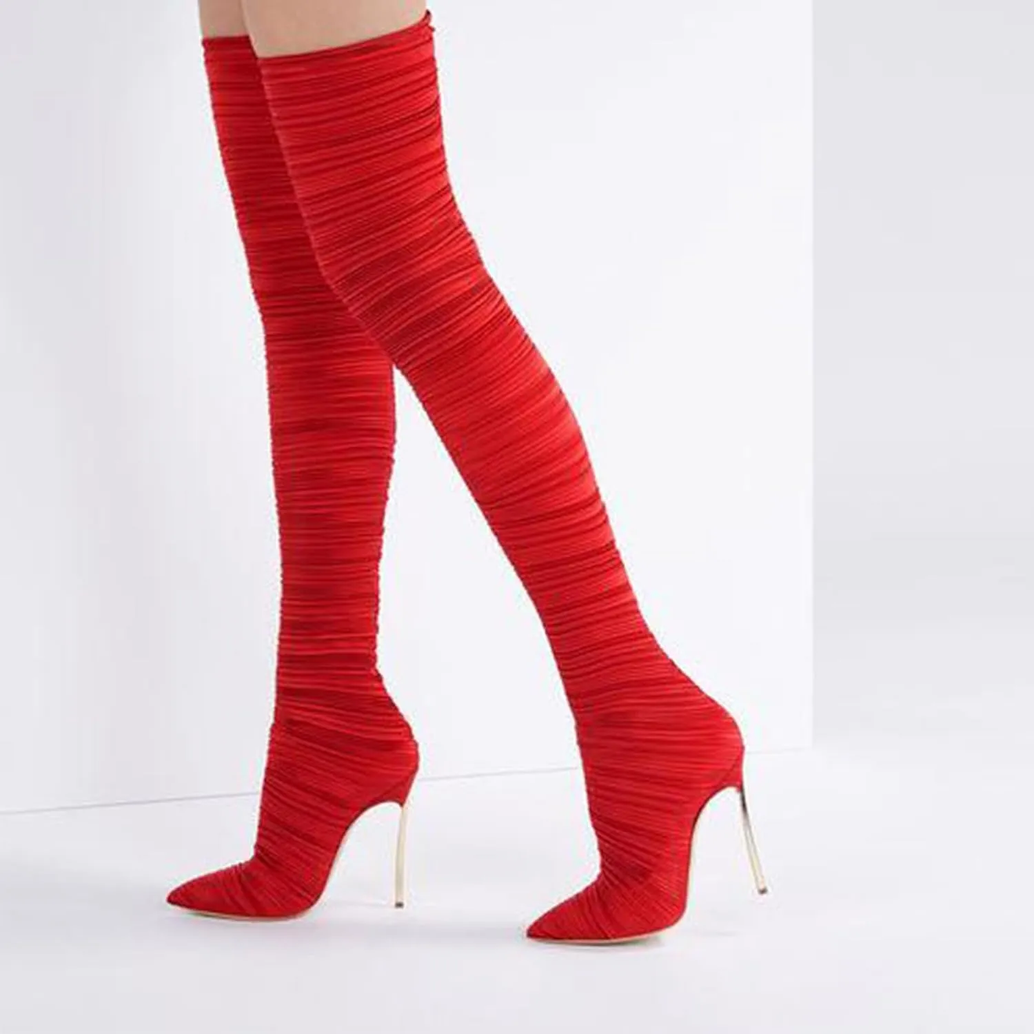 Fashion Large Size Women's Over The Knee Boots, Sexy Red Extreme High Heel Tall Elastic Boots for Party, Banquet and Catwalk,10.5,Red