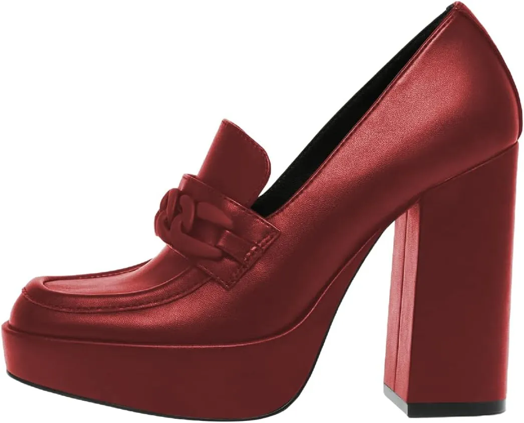 FOWT Women Platform Round Toe Pumps Chain Chunky High Heel Loafers Slip on Stable Dressy Outfit Shoes Size 4-15 US