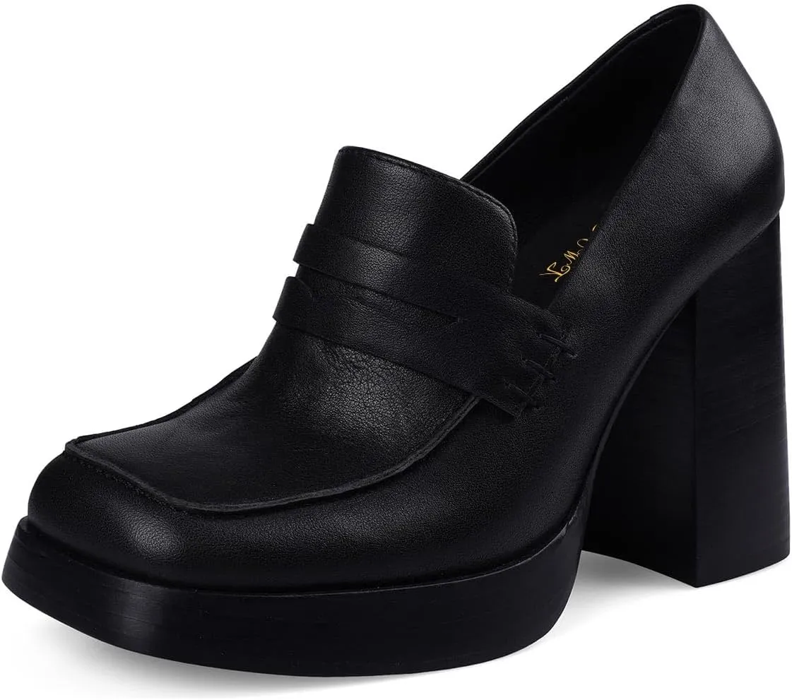 FOWT Women Platform Square Toe Loafers Chunky Block High Heel Pumps Stable Slip on Daily Street Outdoor Shoes Size 4-16 US