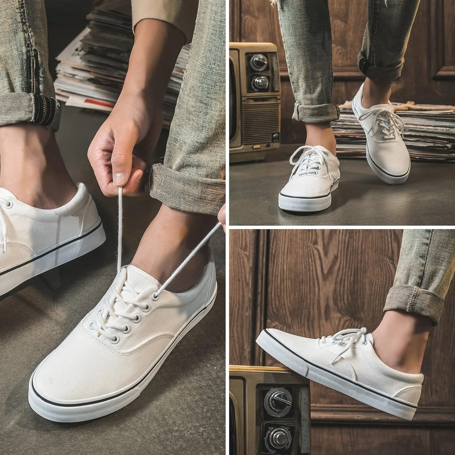 FRACORA Mens White Canvas Shoes Low Top Canvas Sneakers Lace Up Casual Shoes