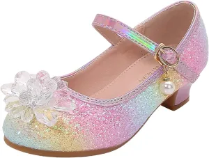 Girl Mary Jane Shoes with Low Heel Rhinestones Princess Flat Glitter Flower Dress Pump Shoes for Toddler Girls