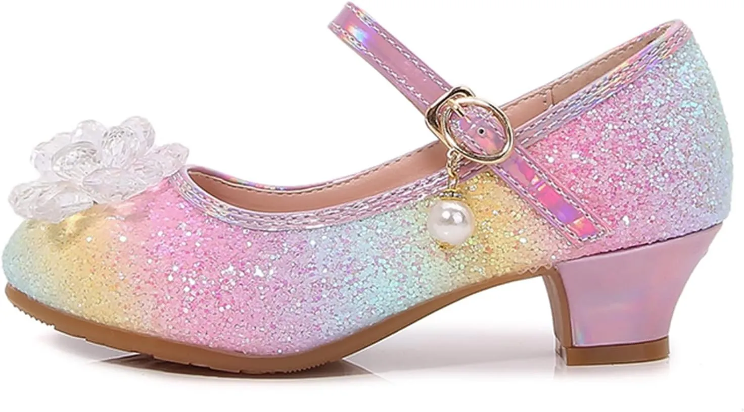 Girl Mary Jane Shoes with Low Heel Rhinestones Princess Flat Glitter Flower Dress Pump Shoes for Toddler Girls