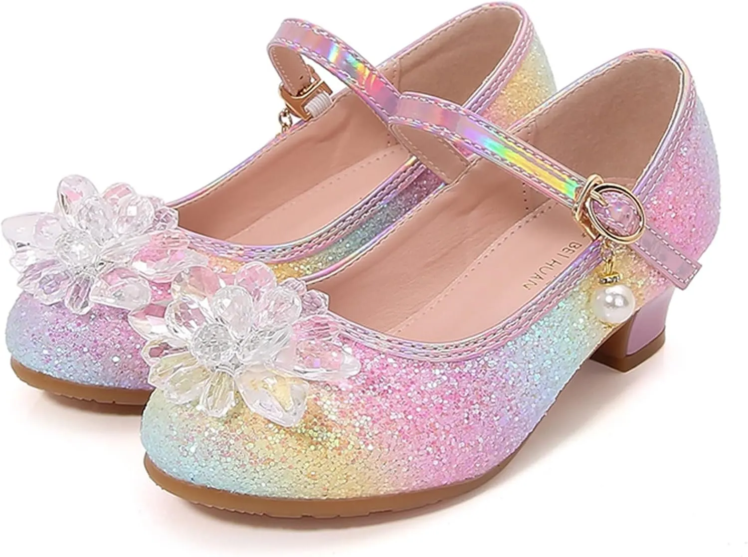 Girl Mary Jane Shoes with Low Heel Rhinestones Princess Flat Glitter Flower Dress Pump Shoes for Toddler Girls