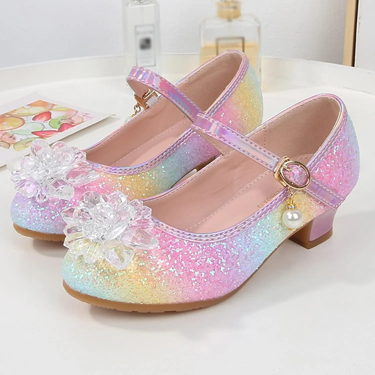 Girl Mary Jane Shoes with Low Heel Rhinestones Princess Flat Glitter Flower Dress Pump Shoes for Toddler Girls