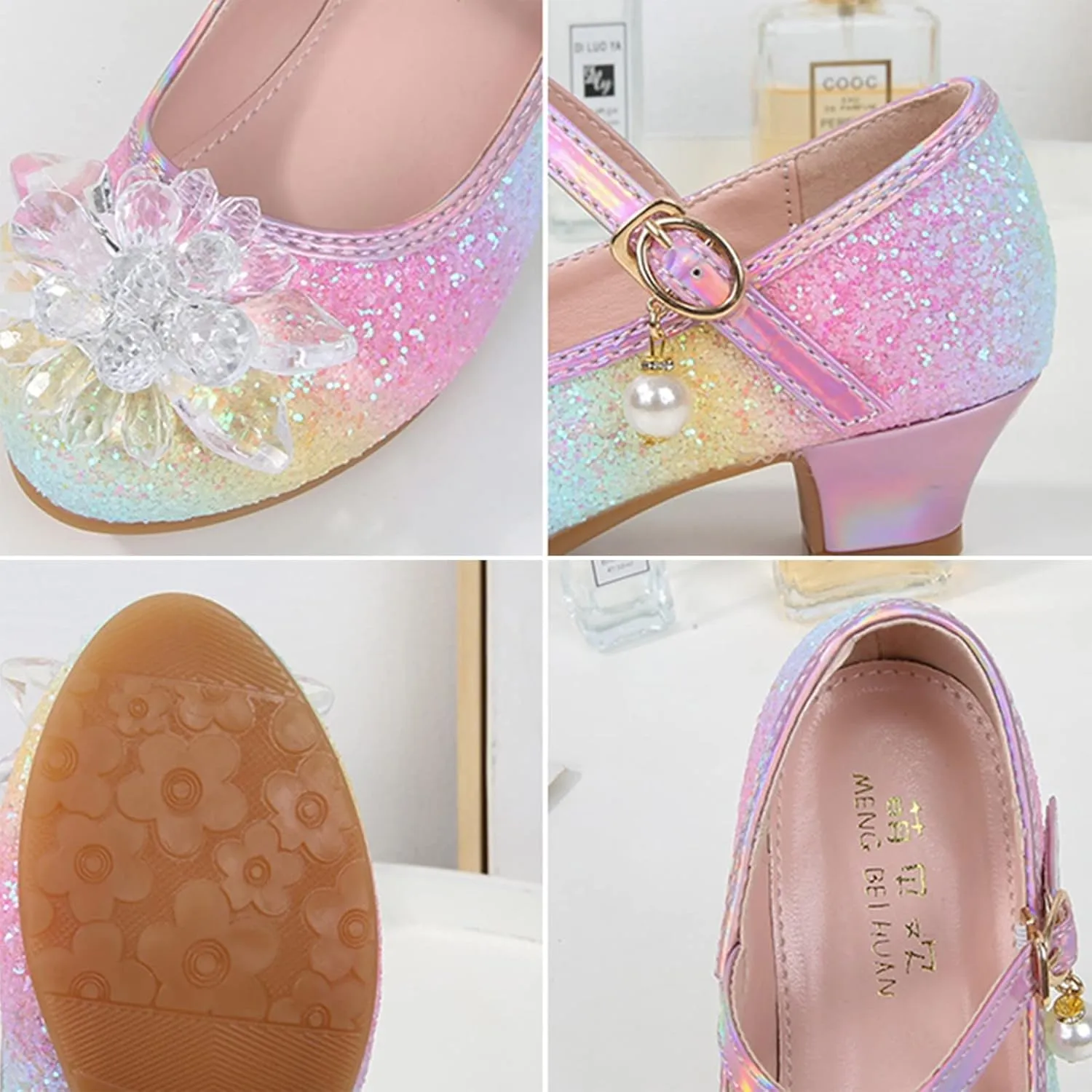 Girl Mary Jane Shoes with Low Heel Rhinestones Princess Flat Glitter Flower Dress Pump Shoes for Toddler Girls