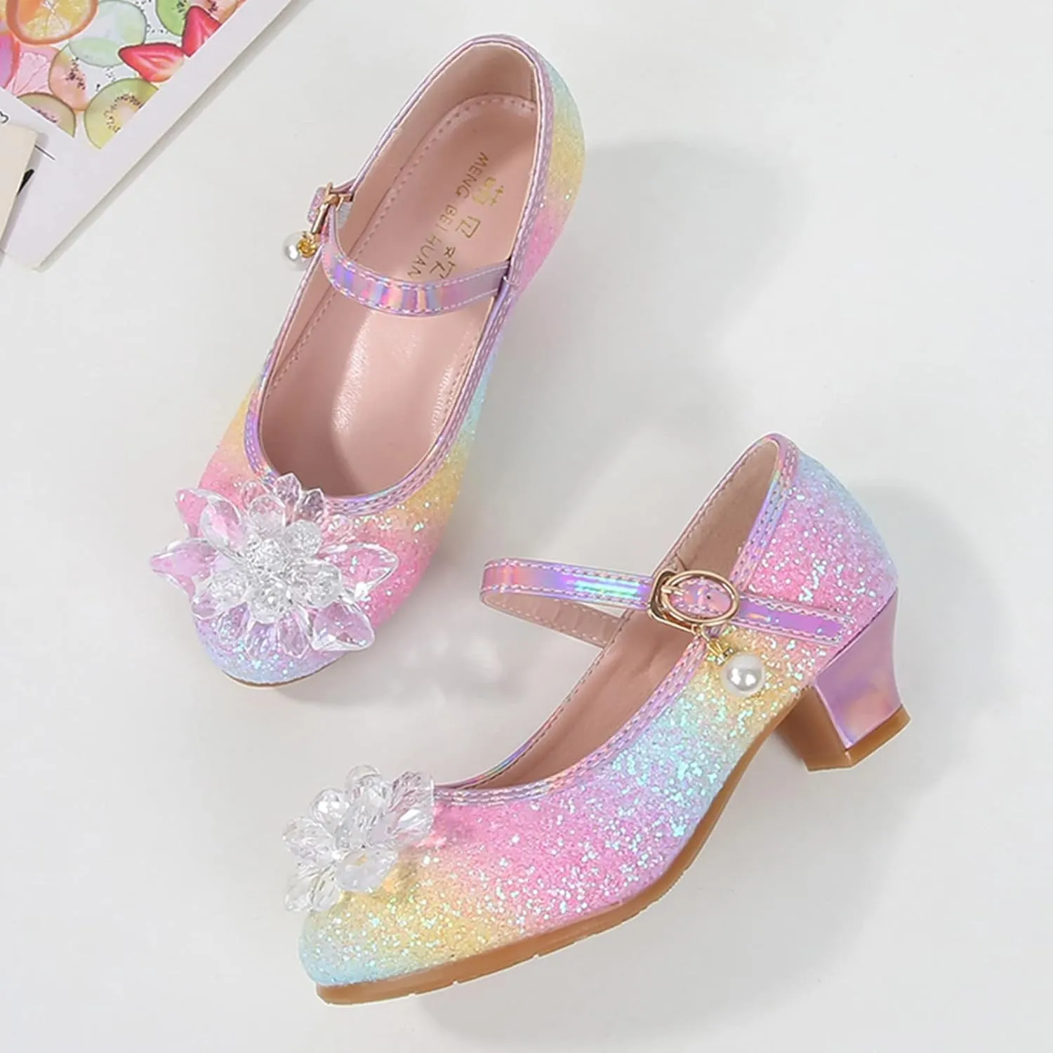 Girl Mary Jane Shoes with Low Heel Rhinestones Princess Flat Glitter Flower Dress Pump Shoes for Toddler Girls