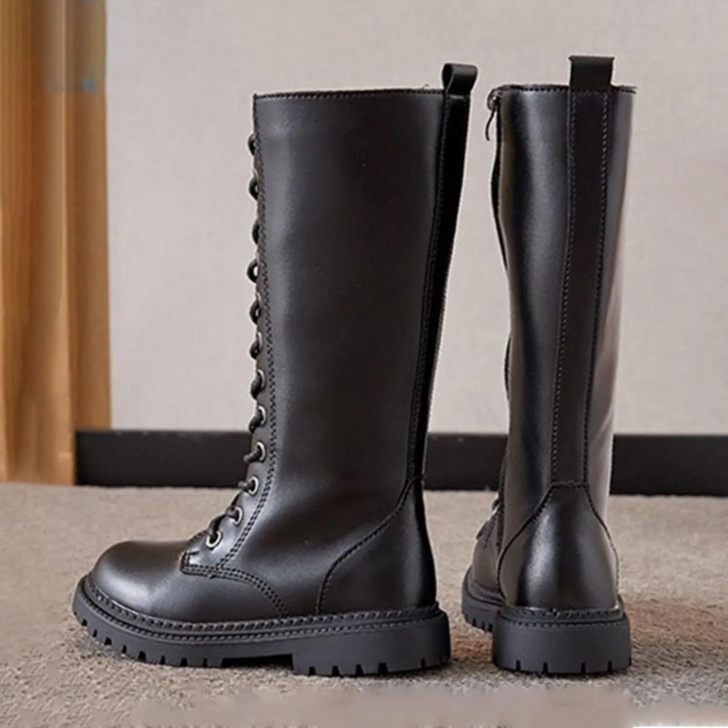 Girls Boots Lace Up Mid Calf Boots Fashion Faux Leather Boots Breathable Cowgirl Boots Cute Dress Shoes for Girls