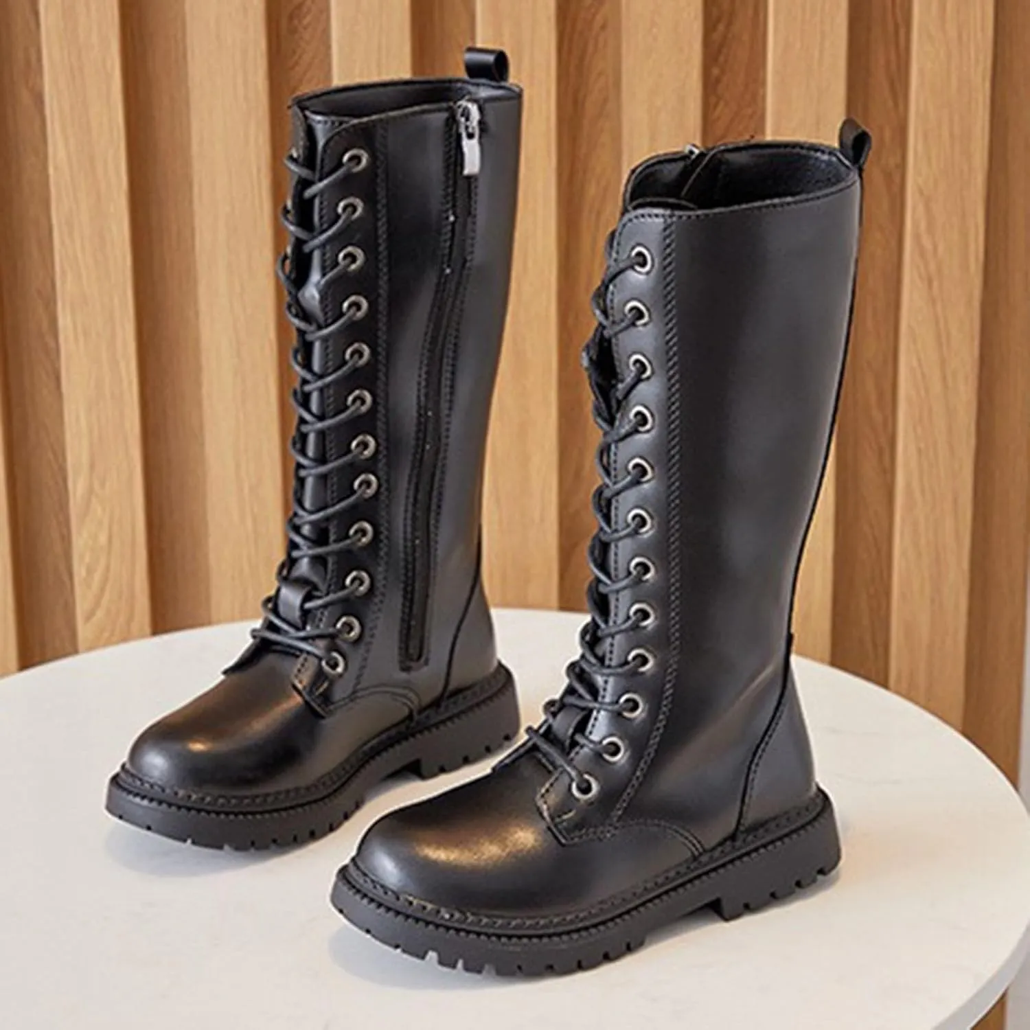 Girls Boots Lace Up Mid Calf Boots Fashion Faux Leather Boots Breathable Cowgirl Boots Cute Dress Shoes for Girls