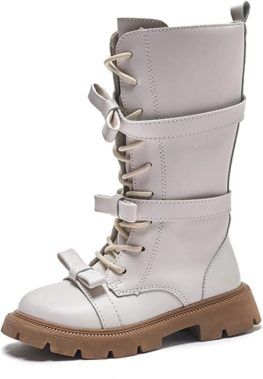 Girls Boots Lace Up Mid Calf Boots Fashion Faux Leather Boots Breathable Hiking Boots Cute Dress Shoes for Girls