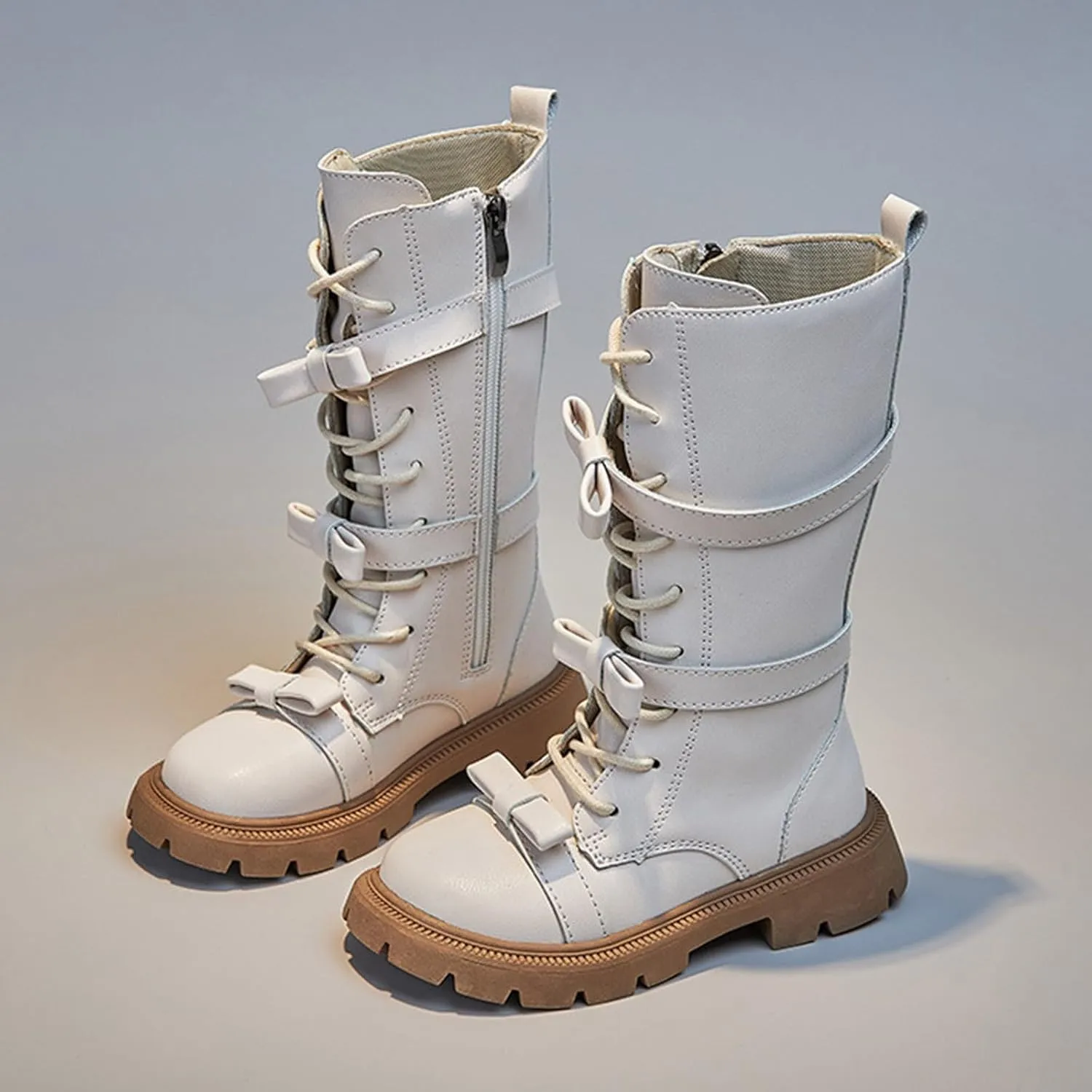 Girls Boots Lace Up Mid Calf Boots Fashion Faux Leather Boots Breathable Hiking Boots Cute Dress Shoes for Girls