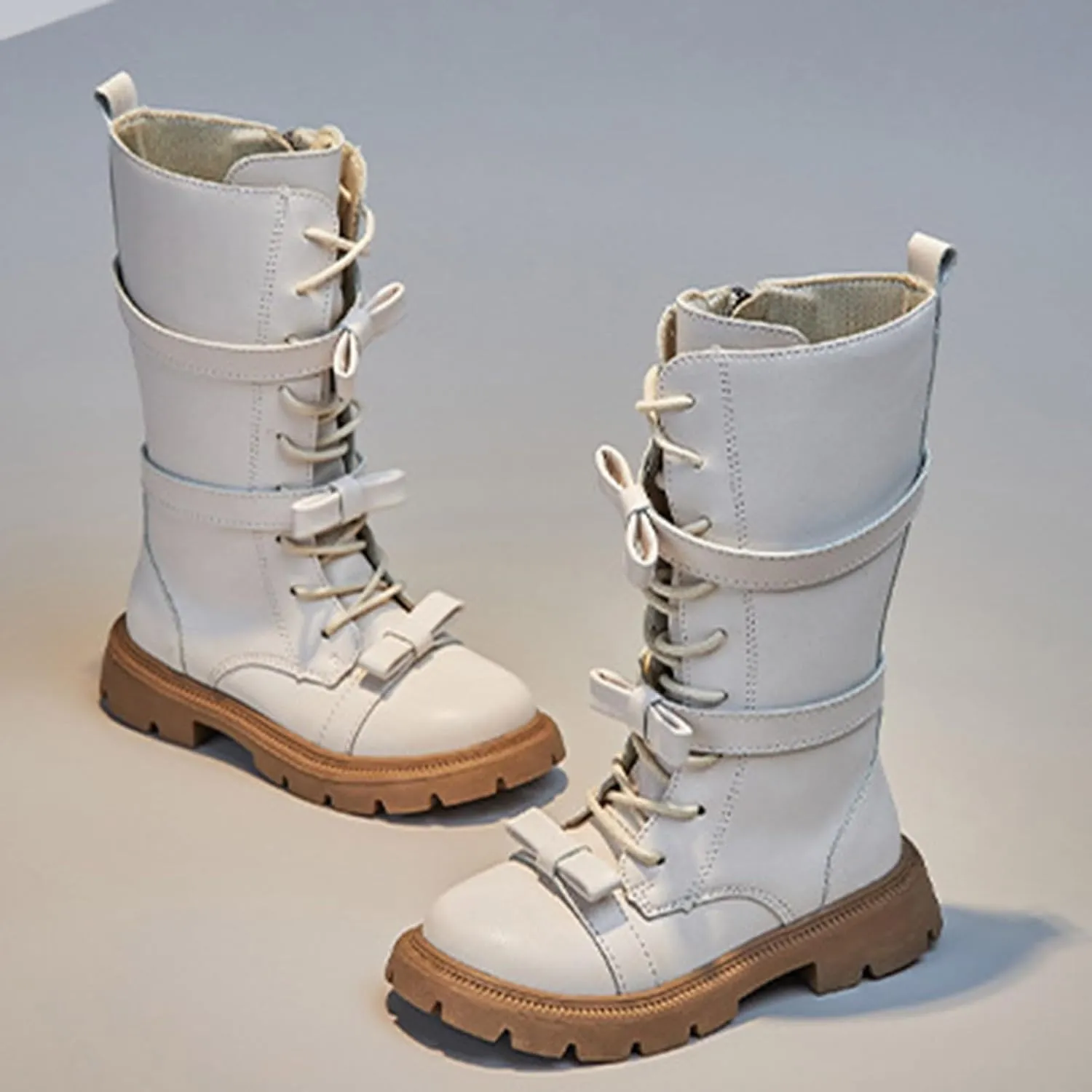 Girls Boots Lace Up Mid Calf Boots Fashion Faux Leather Boots Breathable Hiking Boots Cute Dress Shoes for Girls