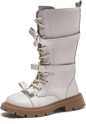 Girls Boots Lace Up Mid Calf Boots Fashion Faux Leather Boots Breathable Hiking Boots Cute Dress Shoes for Girls