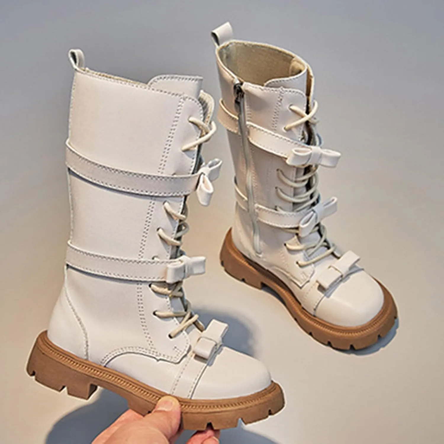 Girls Boots Lace Up Mid Calf Boots Fashion Faux Leather Boots Breathable Hiking Boots Cute Dress Shoes for Girls