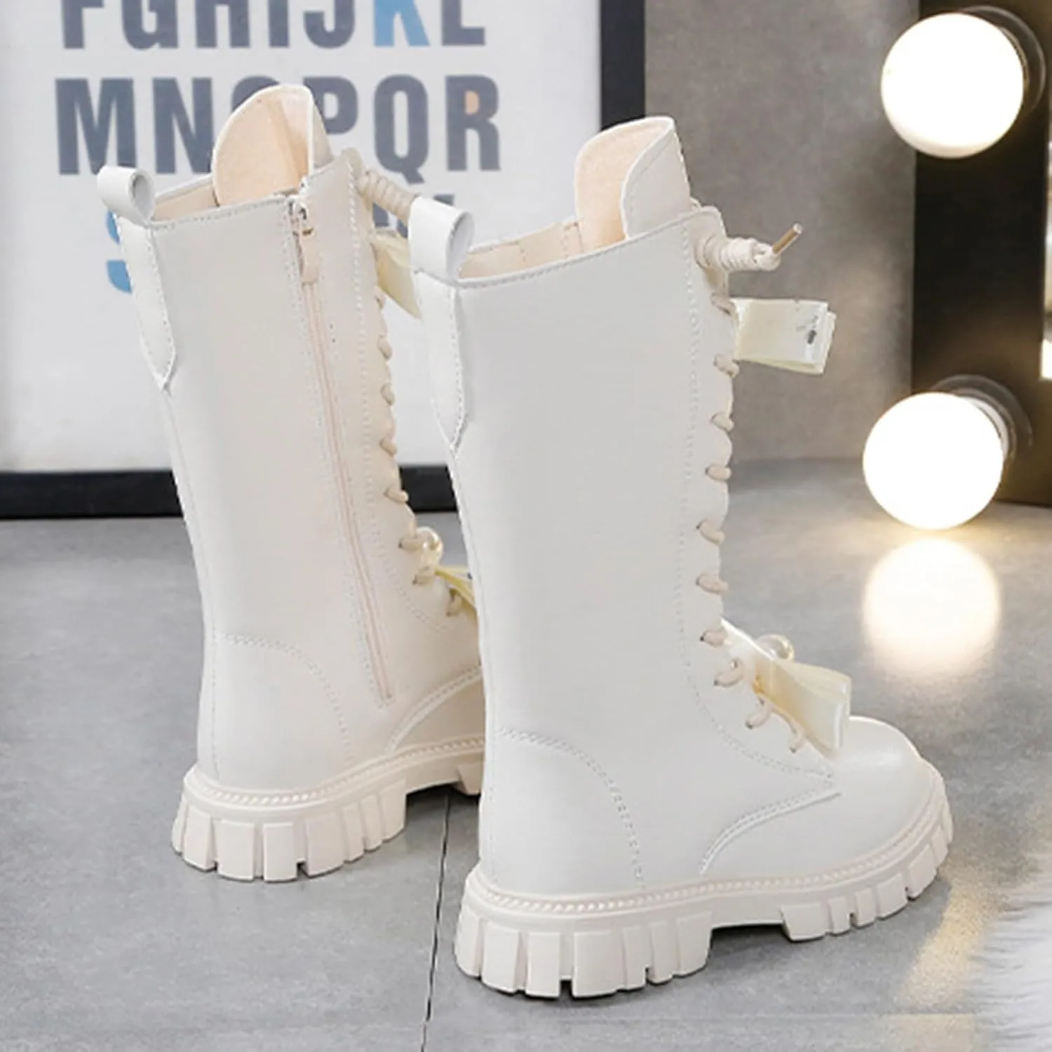 Girls Boots Lace Up Mid Calf Boots Fashion Faux Leather Boots Breathable Warm Winter Boots Cute Dress Shoes for Girls