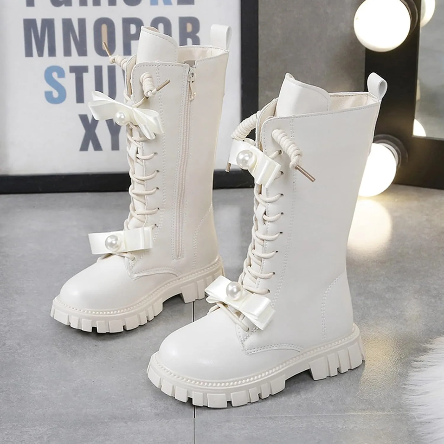 Girls Boots Lace Up Mid Calf Boots Fashion Faux Leather Boots Breathable Warm Winter Boots Cute Dress Shoes for Girls