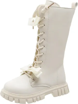 Girls Boots Lace Up Mid Calf Boots Fashion Faux Leather Boots Breathable Warm Winter Boots Cute Dress Shoes for Girls
