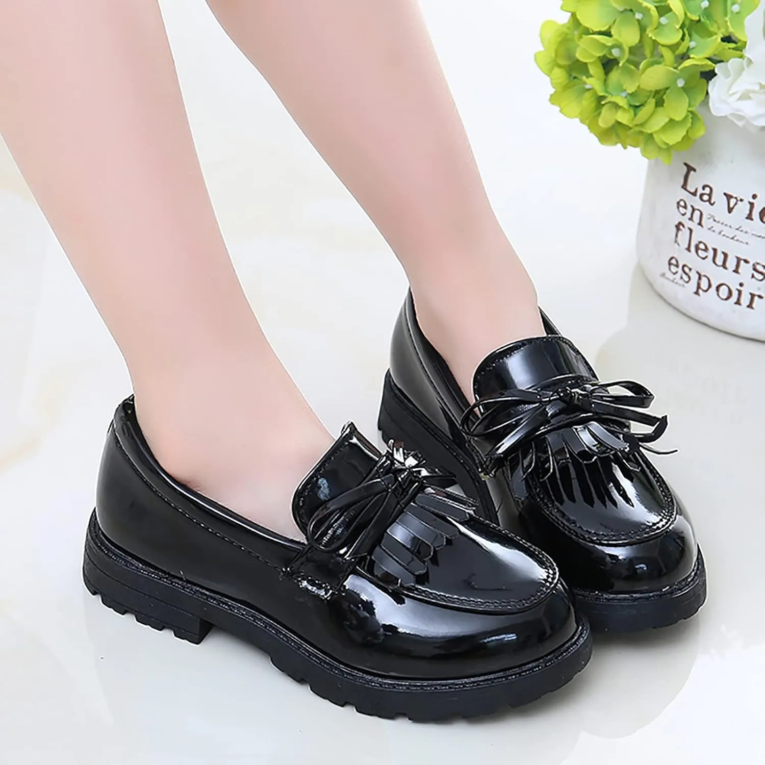 Girls Slip On Leather Loafer Tassel Bow School Dress Shoes for Girls Shoes Light up