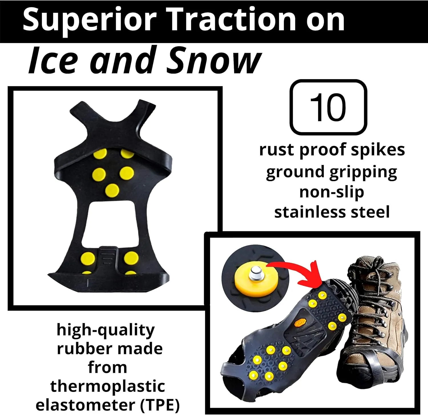 Ice Snow Traction Cleats - Lightweight Crampon Cleats for Walking on Snow & Ice - Anti Slip Grippers Fasten Quickly & Easily Over Footwear - Protable Grips for Shoes and Boots