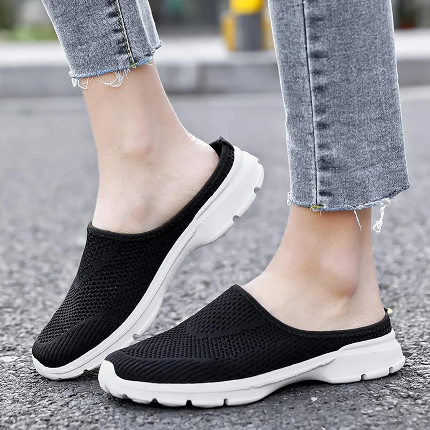 Kubbon Womens Backless Sneakers Breathable Mesh Walking Mules Summer Slip-on Mule Shoes Open Back Comfortable Shoes Closed Toe Slippers