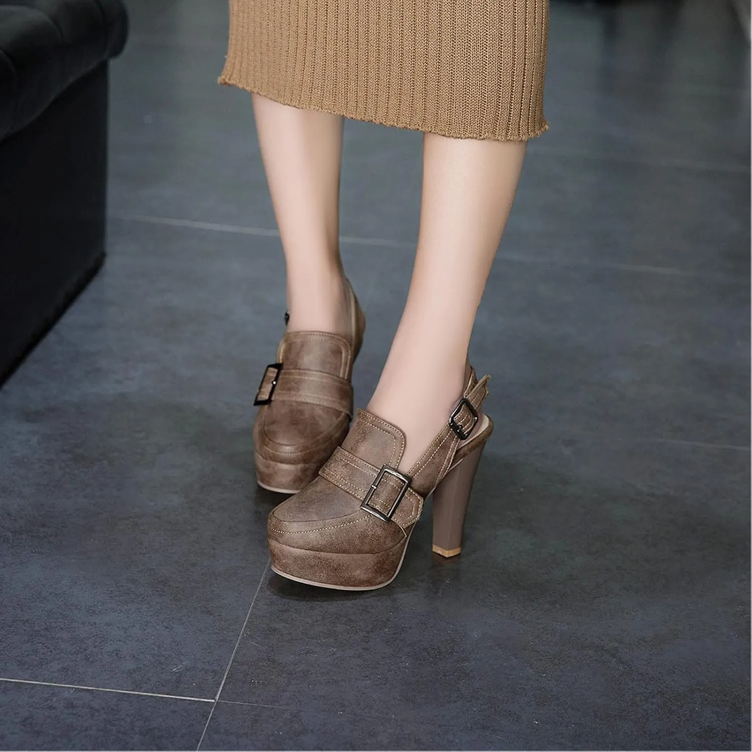 Lutalica W Closed Toe Matte Leather Buckled Sexy Extreme High Chunky Heel Platform Slingback Pumps for Party Nightclub