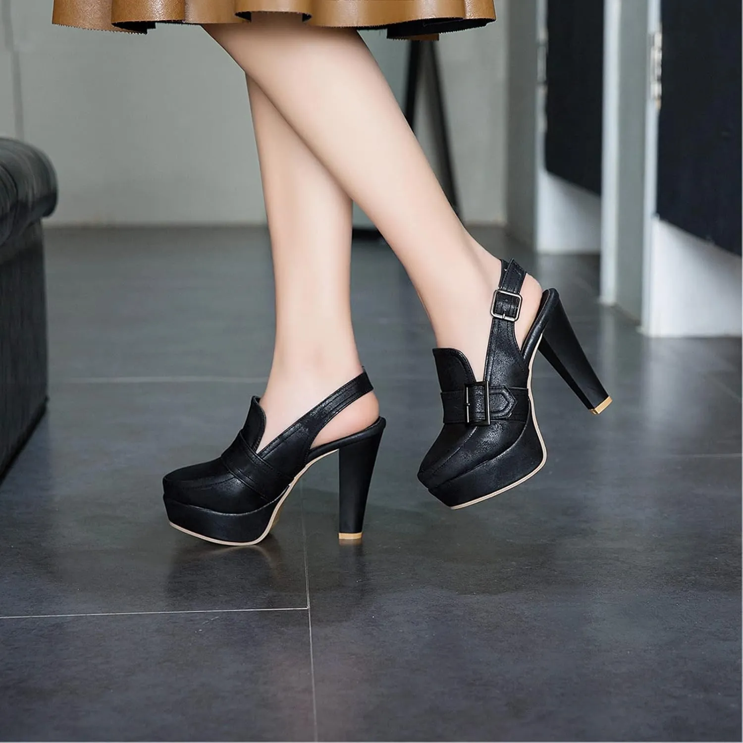 Lutalica W Closed Toe Matte Leather Buckled Sexy Extreme High Chunky Heel Platform Slingback Pumps for Party Nightclub