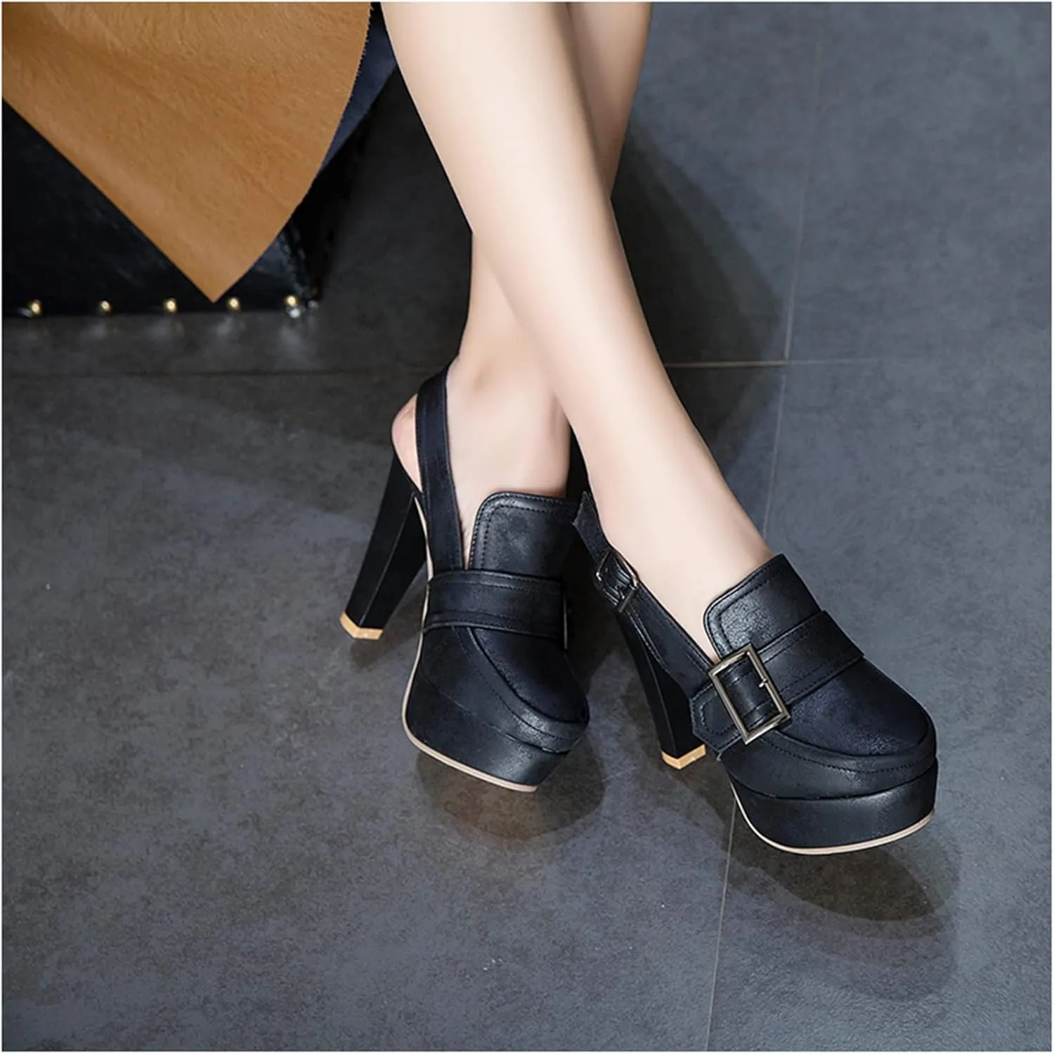Lutalica W Closed Toe Matte Leather Buckled Sexy Extreme High Chunky Heel Platform Slingback Pumps for Party Nightclub