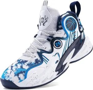 Men's Basketball Shoes High Cut Breathable Non Slip Lightweight Sports Training Boots(White-Blue,5.5)