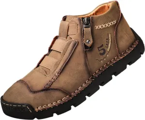 Men's British Large Casual Leather Foreign Trade Zipper Sports Shoes Sneaker Rack for Men (Khaki, 8)