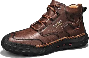Men's Leather Handmade Platform Hiking Shoes Retro Round Toe Lace-Up Non-Slip Leisure Loafers for Outdoor Hiking Working