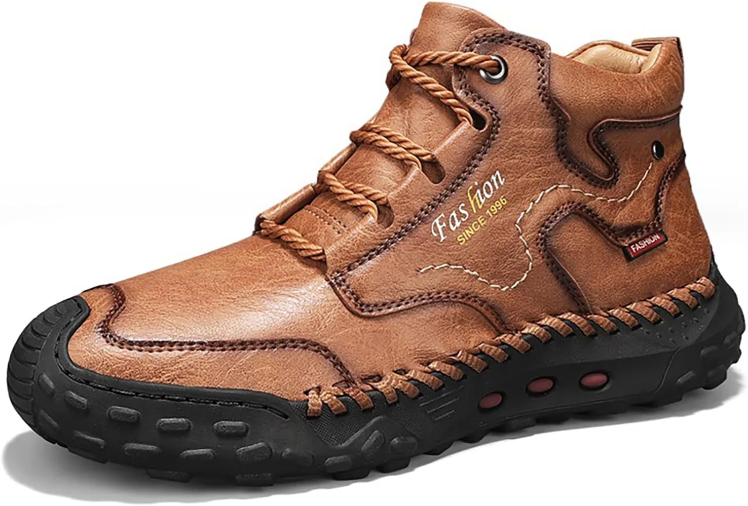 Men's Leather Handmade Platform Hiking Shoes Retro Round Toe Lace-Up Non-Slip Leisure Loafers for Outdoor Hiking Working