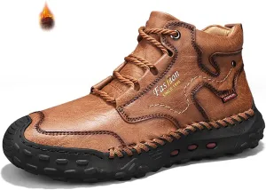 Men's Leather Handmade Platform Hiking Shoes Retro Round Toe Lace-Up Non-Slip Leisure Loafers for Outdoor Hiking Working