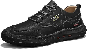 Men's Leather Handmade Platform Hiking Shoes Retro Round Toe Lace-Up Non-Slip Leisure Loafers for Outdoor Hiking Working