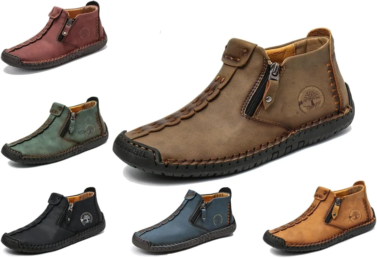 Mens Loafers Slip On Casual Shoes Leather Flat Penny Loafers Outdoor Lightweight Breathable Walking Driving Shoes Comfort Classic Hand Stitching Anti Slip Round Toe Shoes