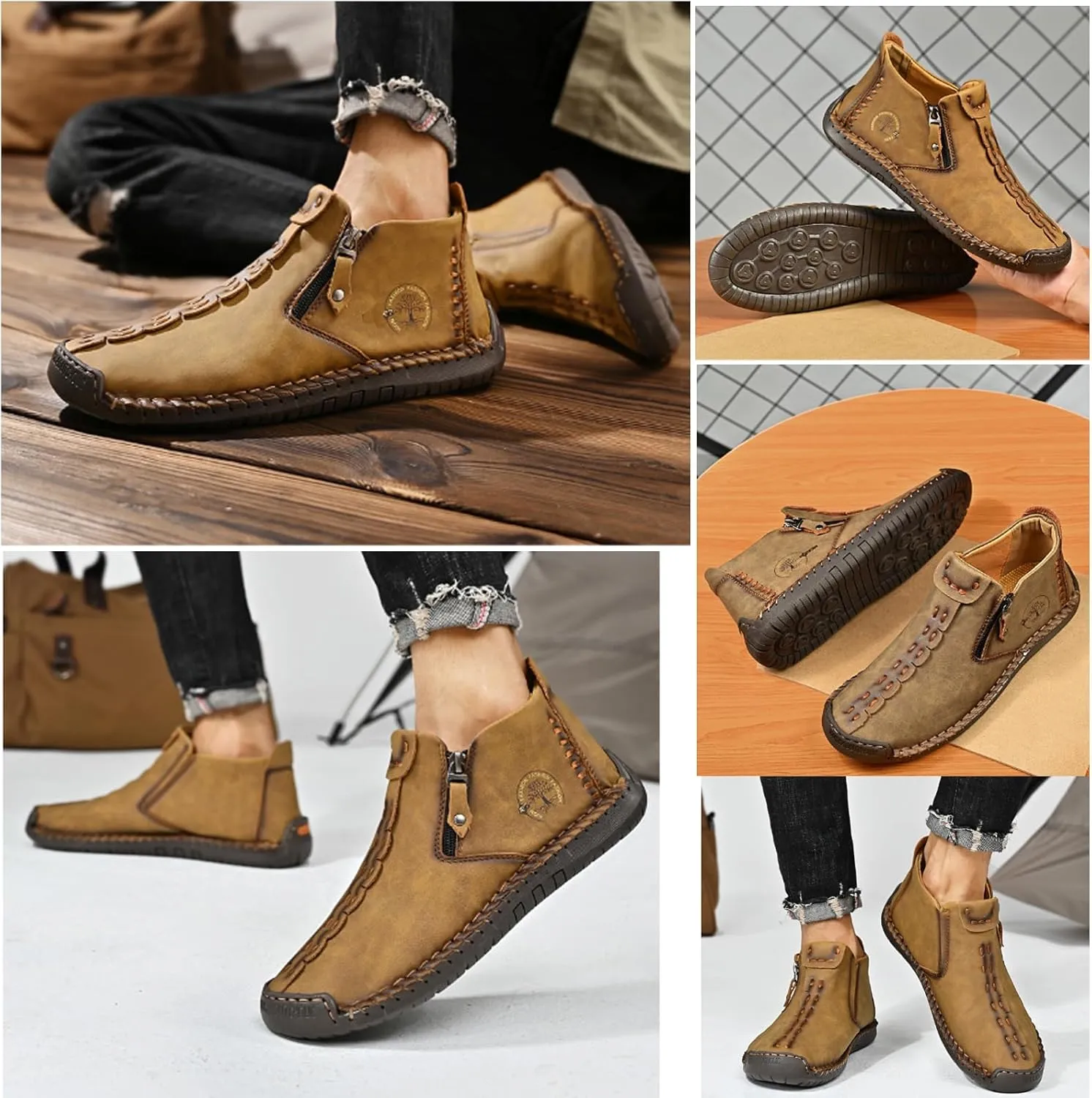 Mens Loafers Slip On Casual Shoes Leather Flat Penny Loafers Outdoor Lightweight Breathable Walking Driving Shoes Comfort Classic Hand Stitching Anti Slip Round Toe Shoes